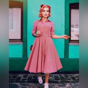 EUC British Retro "Way Out West" Rouge Gingham 50s Swing Dress UK10/US6